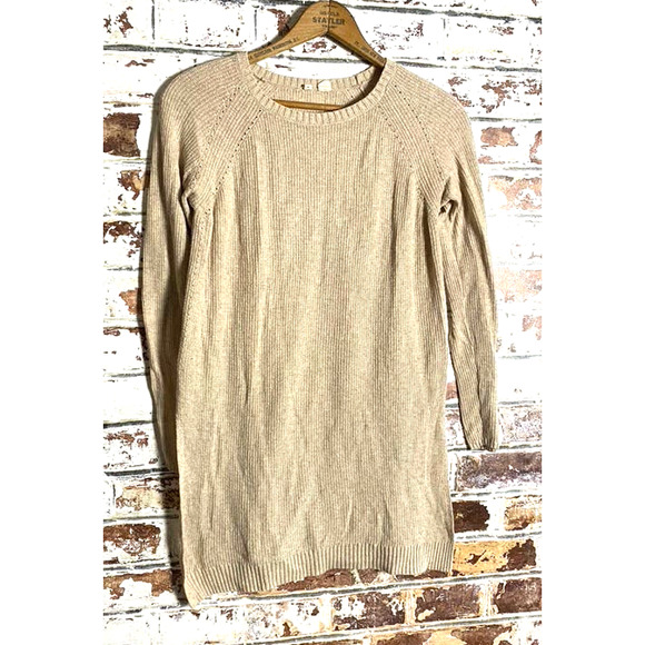 Anthropologie Moth Cotton & Cashmere Oatmeal Crew Neck Side Slit Tunic Sweater - Picture 3 of 12